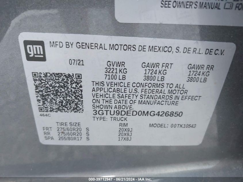 2021 GMC Sierra 1500 4Wd Short Box Slt VIN: 3GTU9DED0MG426850 Lot: 39712947