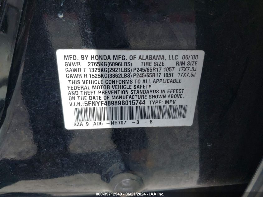 2009 Honda Pilot Touring VIN: 5FNYF48989B015744 Lot: 39712949