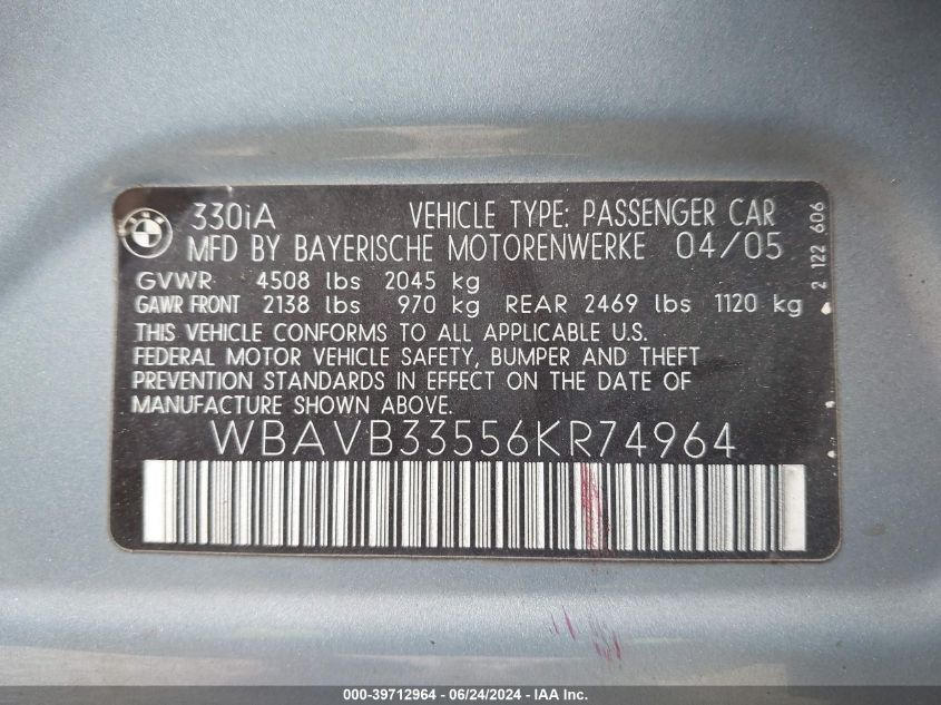 2006 BMW 330I VIN: WBAVB33556KR74964 Lot: 39712964