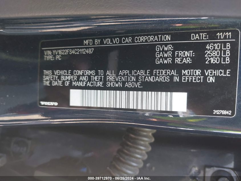 2012 Volvo S60 T5 VIN: YV1622FS4C2112487 Lot: 39712970