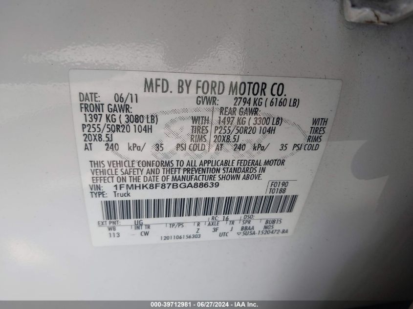 2011 Ford Explorer Limited VIN: 1FMHK8F87BGA88639 Lot: 39712981