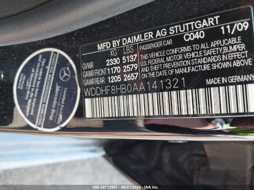 2010 Mercedes-Benz E 350 4Matic VIN: WDDHF8HB0AA141321 Lot: 39712987