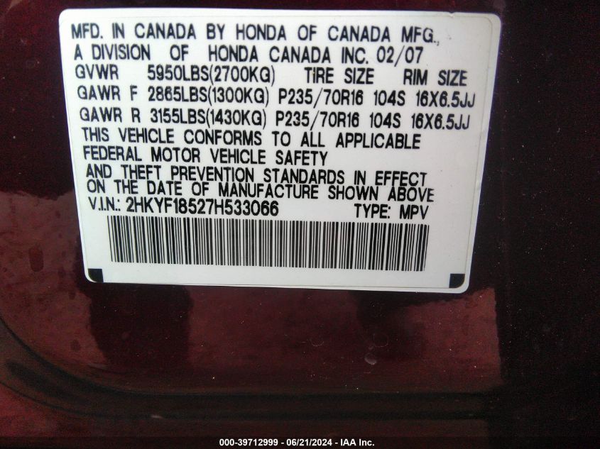 2007 Honda Pilot Exl VIN: 2HKYF18527H533066 Lot: 39712999