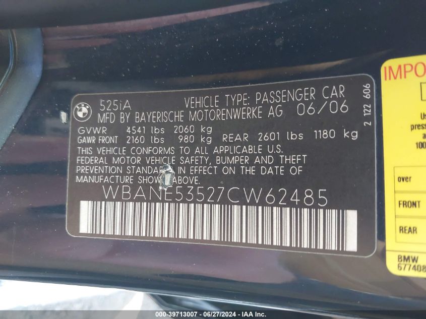 2007 BMW 525I VIN: WBANE53527CW62485 Lot: 39713007
