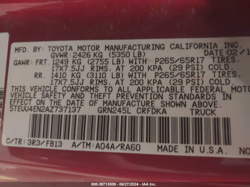 2010 Toyota Tacoma Base V6 VIN: 5TEUU4EN2AZ737137 Lot: 39713008