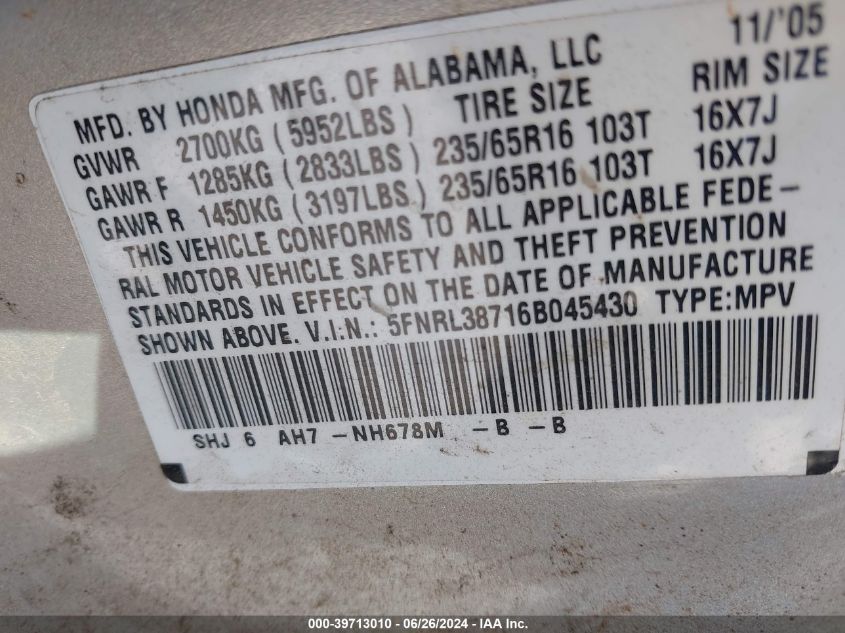 2006 Honda Odyssey Ex-L VIN: 5FNRL38716B045430 Lot: 39713010