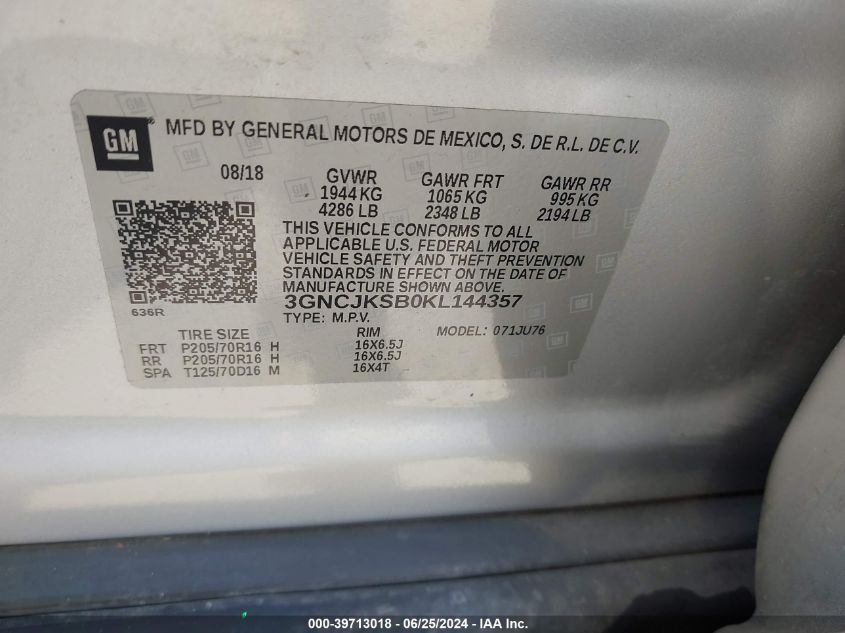 2019 Chevrolet Trax Ls VIN: 3GNCJKSB0KL144357 Lot: 39713018