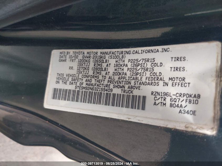 2003 Toyota Tacoma Prerunner VIN: 5TESM92N63Z159409 Lot: 39713019