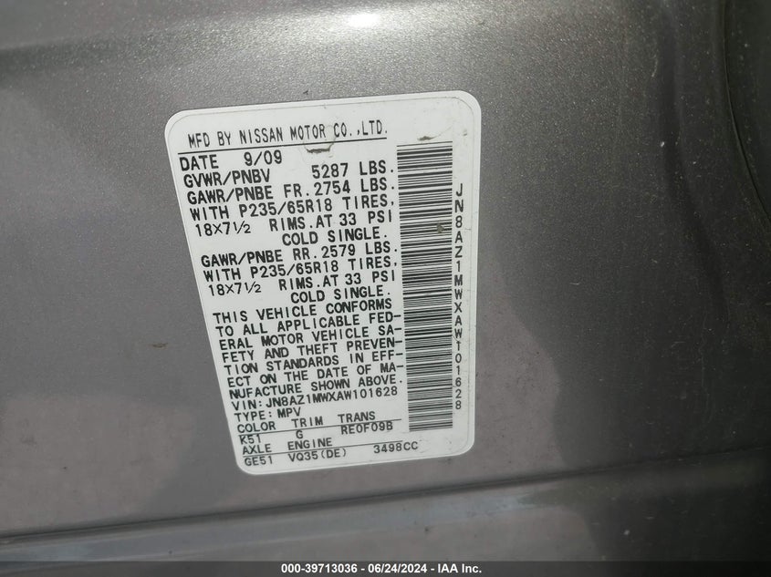 2010 Nissan Murano S VIN: JN8AZ1MWXAW101628 Lot: 39713036