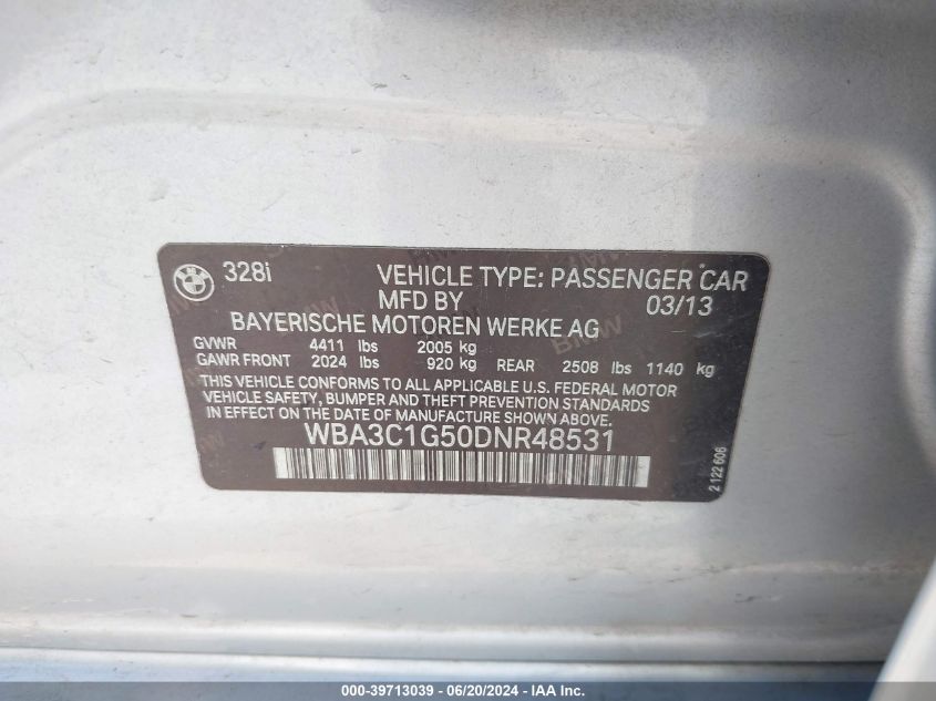 2013 BMW 328I VIN: WBA3C1G50DNR48531 Lot: 39713039