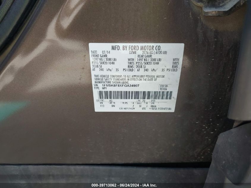 2015 Ford Explorer Limited VIN: 1FM5K8F8XFGA34907 Lot: 39713062