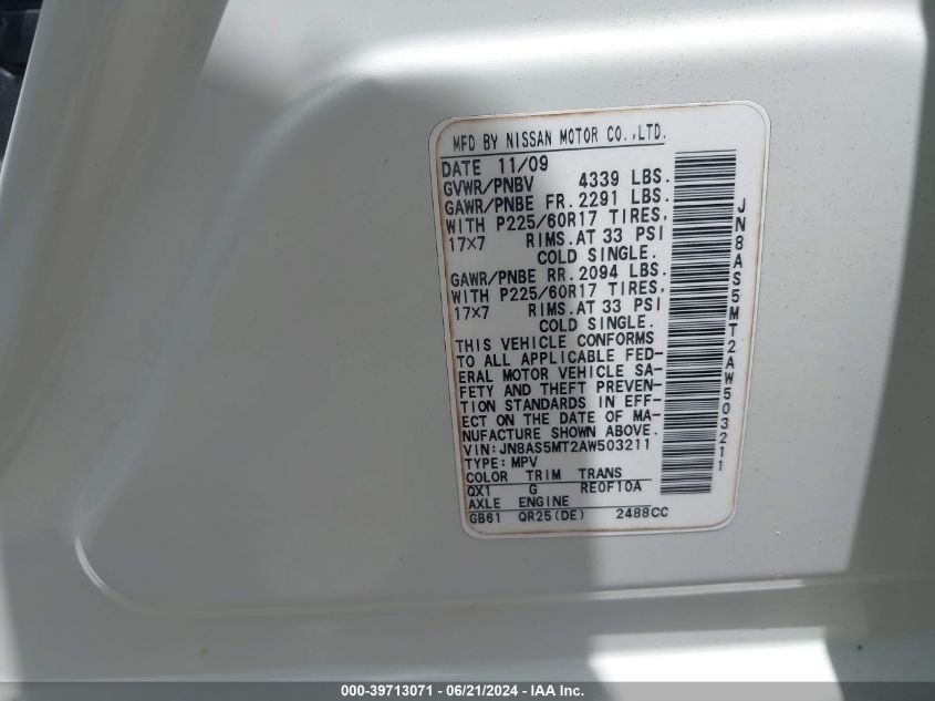 2010 Nissan Rogue Sl VIN: JN8AS5MT2AW503211 Lot: 39713071