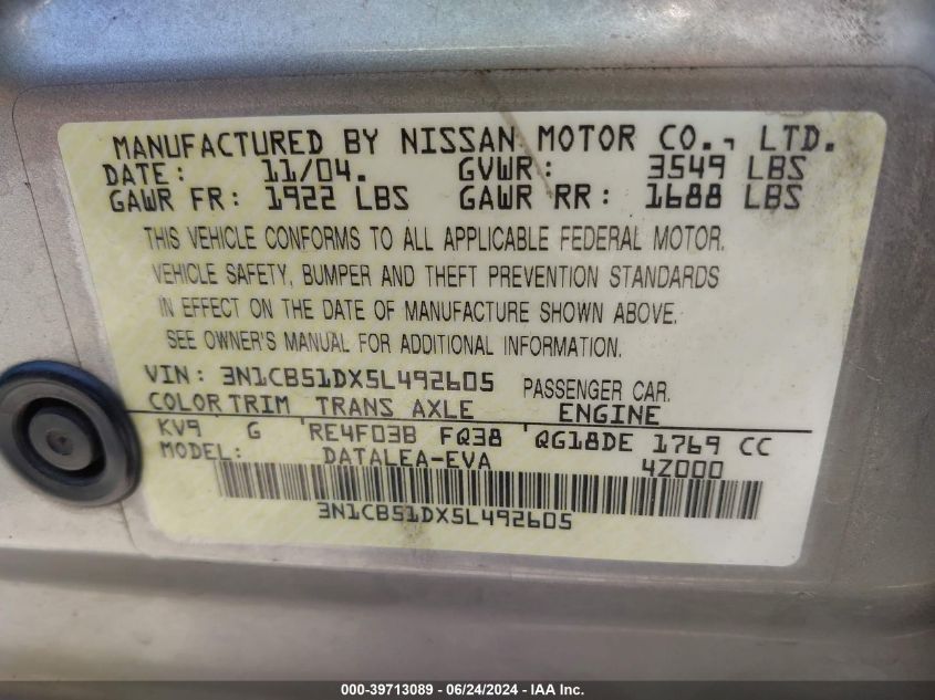2005 Nissan Sentra 1.8S VIN: 3N1CB51DX5L492605 Lot: 39713089