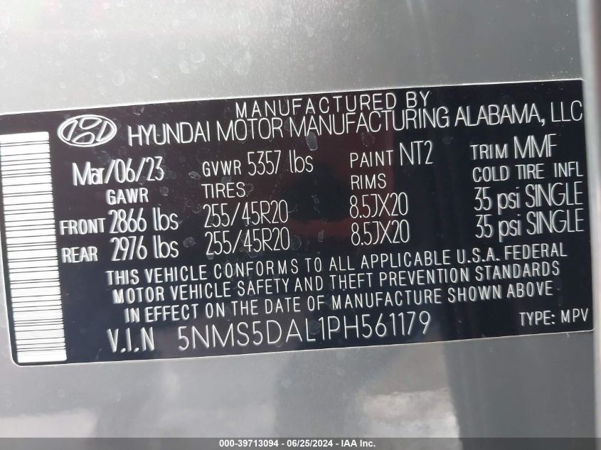 2023 Hyundai Santa Fe Calligraphy VIN: 5NMS5DAL1PH561179 Lot: 39713094