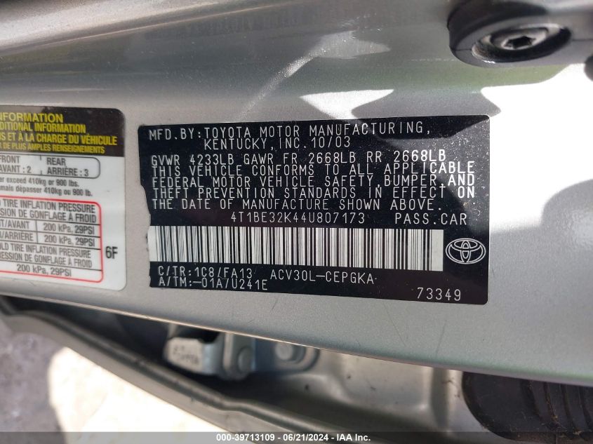 2004 Toyota Camry Xle VIN: 4T1BE32K44U807173 Lot: 39713109