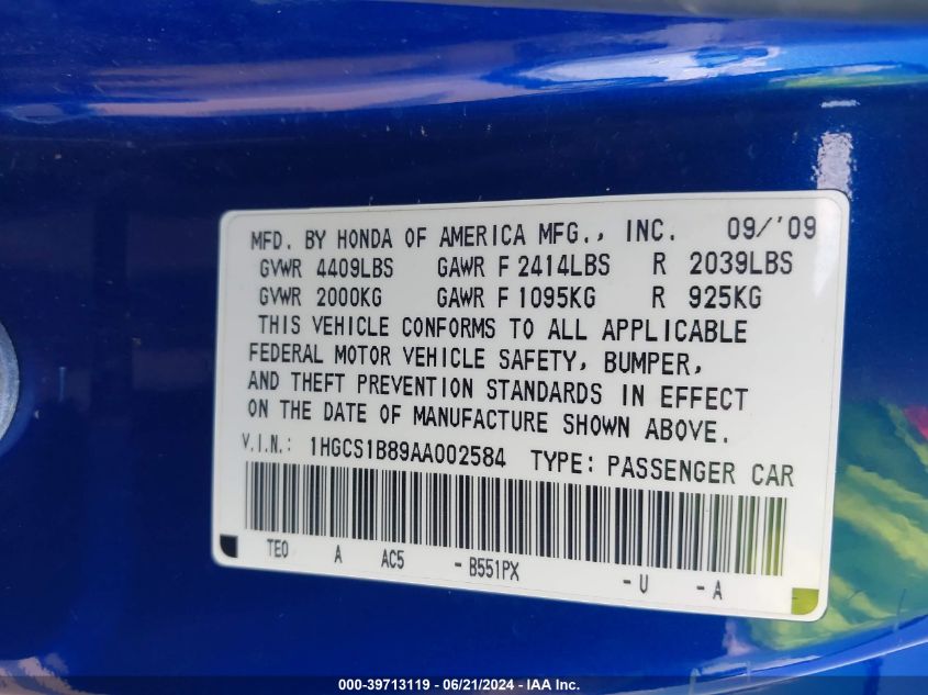 2010 Honda Accord Exl VIN: 1HGCS1B89AA002584 Lot: 39713119