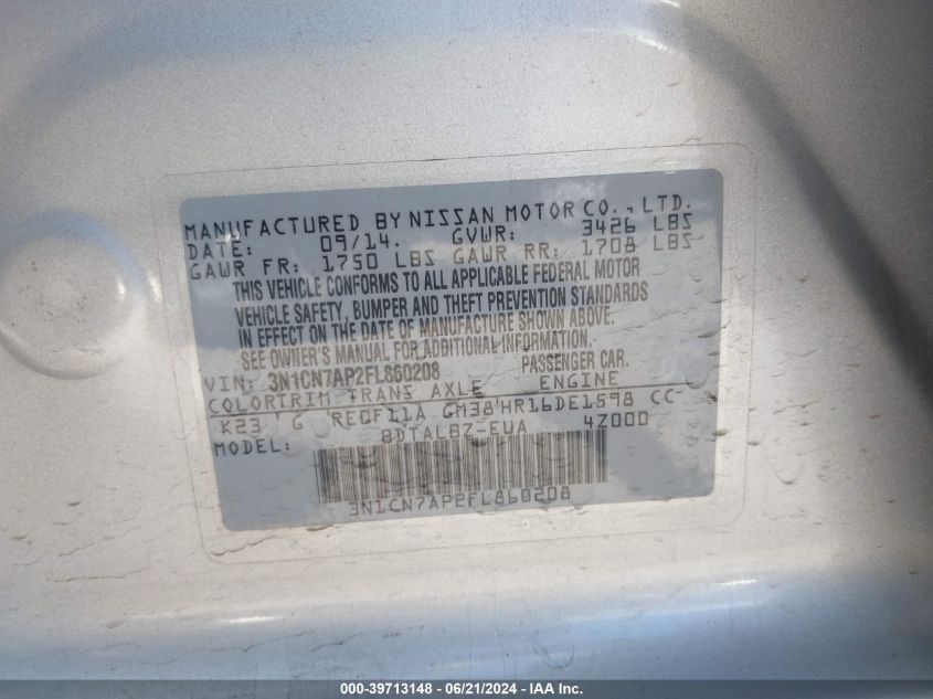 2015 Nissan Versa S/S Plus/Sv/Sl VIN: 3N1CN7AP2FL860208 Lot: 39713148