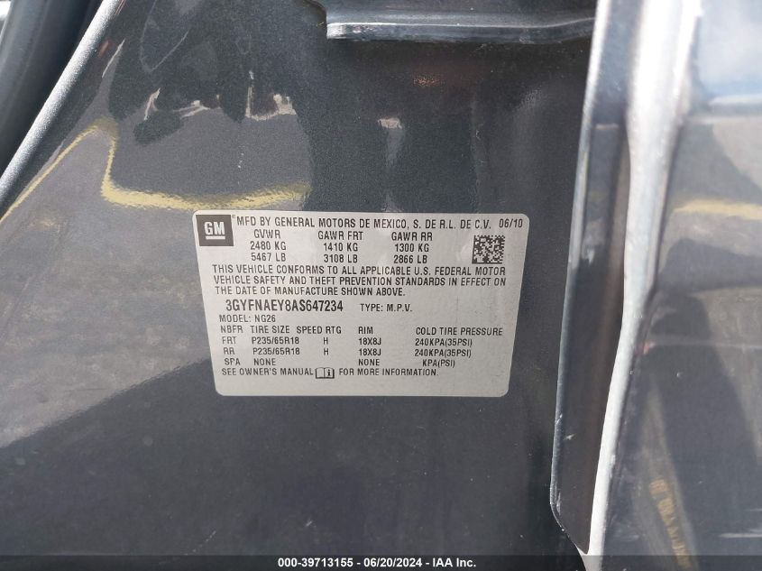 2010 Cadillac Srx Luxury Collection VIN: 3GYFNAEY8AS647234 Lot: 39713155