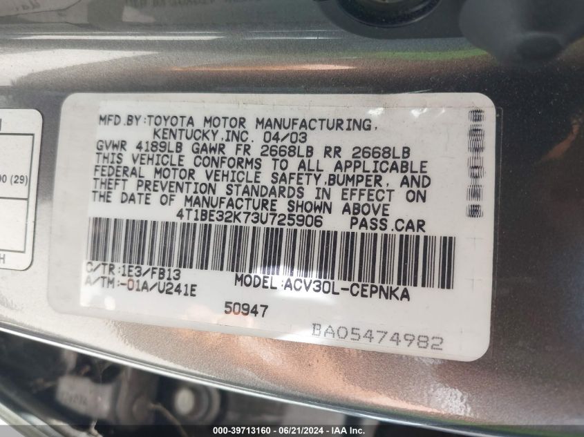 2003 Toyota Camry Le/Xle/Se VIN: 4T1BE32K73U725906 Lot: 39713160