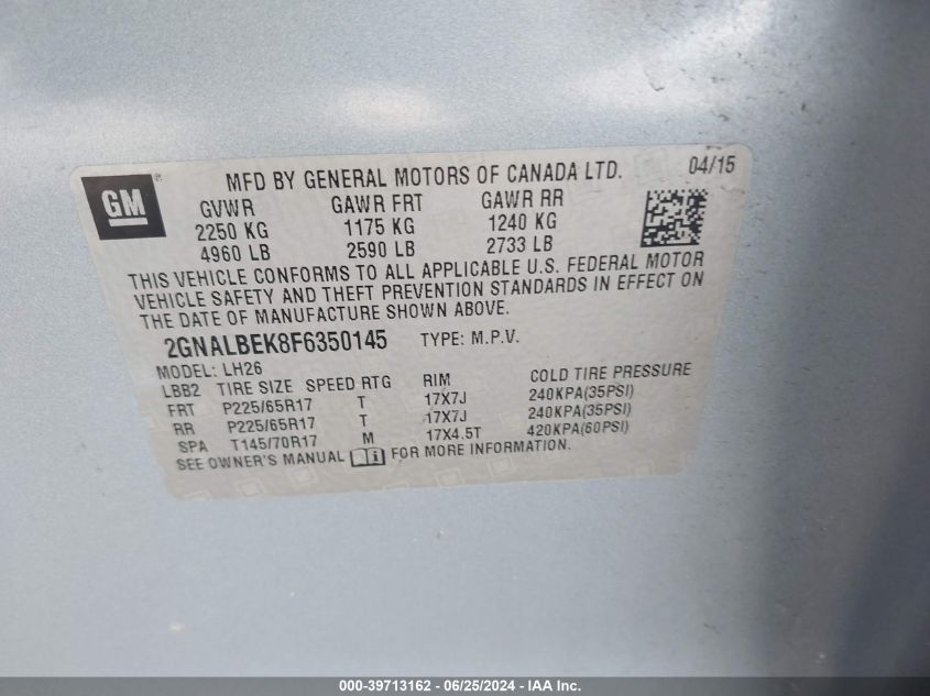 2015 Chevrolet Equinox 1Lt VIN: 2GNALBEK8F6350145 Lot: 39713162