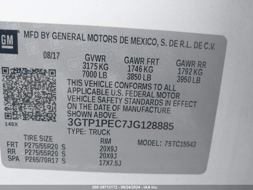 2018 GMC Sierra C1500 Denali VIN: 3GTP1PEC7JG128885 Lot: 39713172
