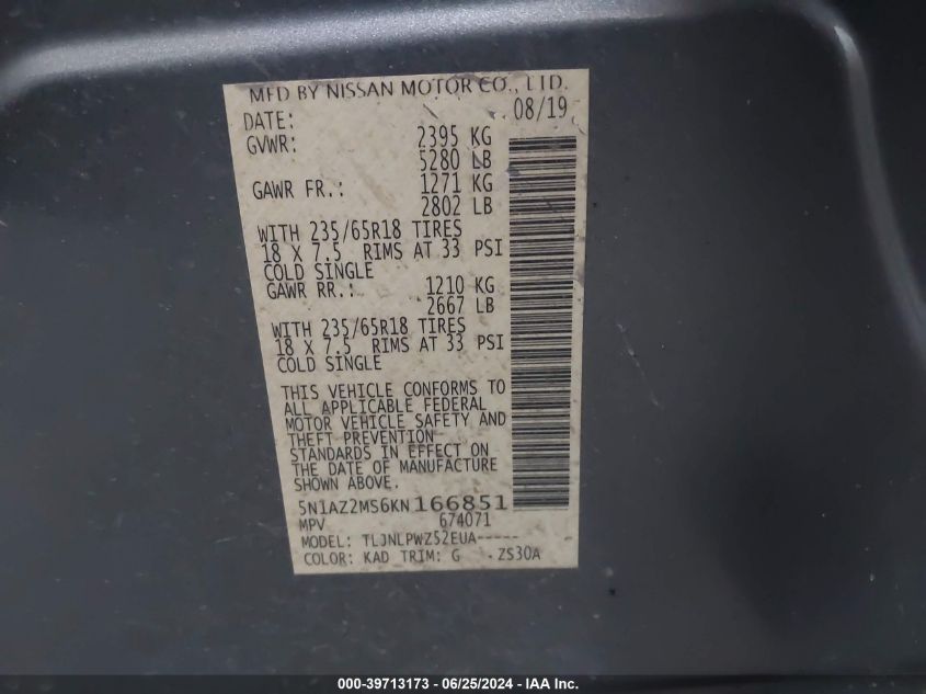 2019 Nissan Murano S VIN: 5N1AZ2MS6KN166851 Lot: 39713173