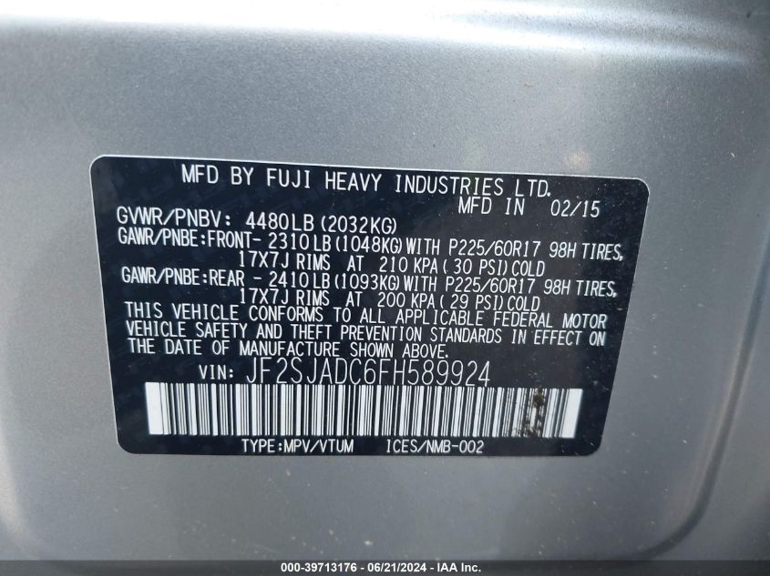 2015 Subaru Forester 2.5I Premium VIN: JF2SJADC6FH589924 Lot: 39713176