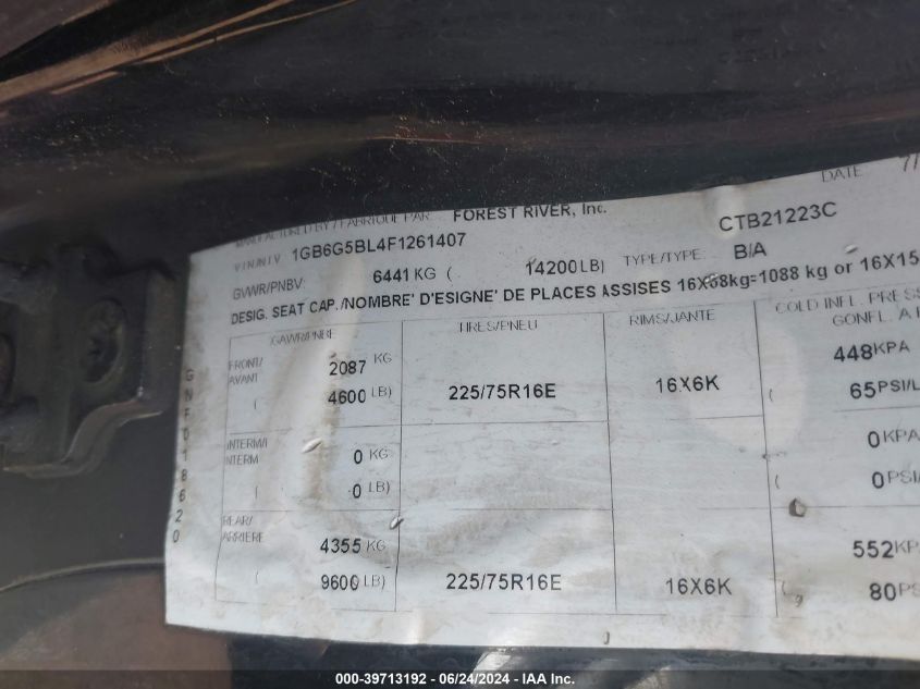 2015 Chevrolet Express Cutaway 4500 Diesel VIN: 1GB6G5BL4F1261407 Lot: 39713192