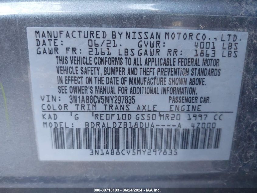 2021 Nissan Sentra Sv Xtronic Cvt VIN: 3N1AB8CV5MY297835 Lot: 39713193