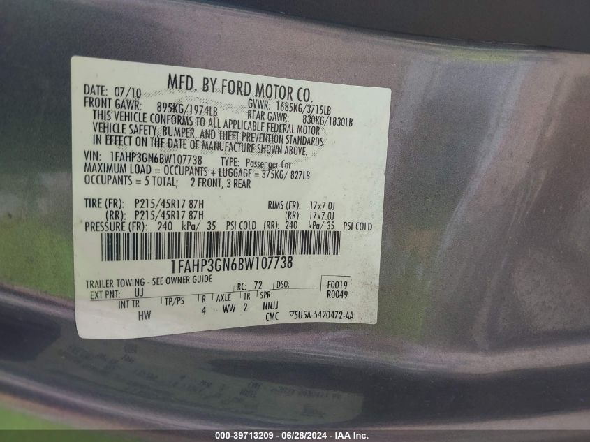 2011 Ford Focus Ses VIN: 1FAHP3GN6BW107738 Lot: 39713209