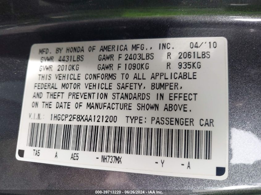 2010 Honda Accord 2.4 Ex-L VIN: 1HGCP2F8XAA121200 Lot: 39713220