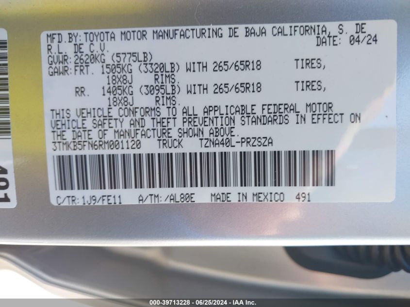 2024 Toyota Tacoma Trd Sport VIN: 3TMKB5FN6RM001120 Lot: 39713228