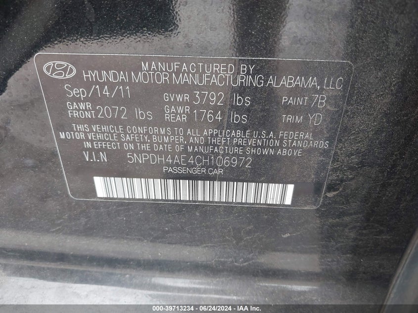 2012 Hyundai Elantra Gls VIN: 5NPDH4AE4CH106972 Lot: 39713234