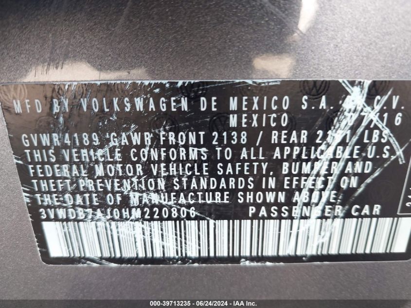 2017 Volkswagen Jetta 1.4T Se VIN: 3VWDB7AJ0HM220806 Lot: 39713235