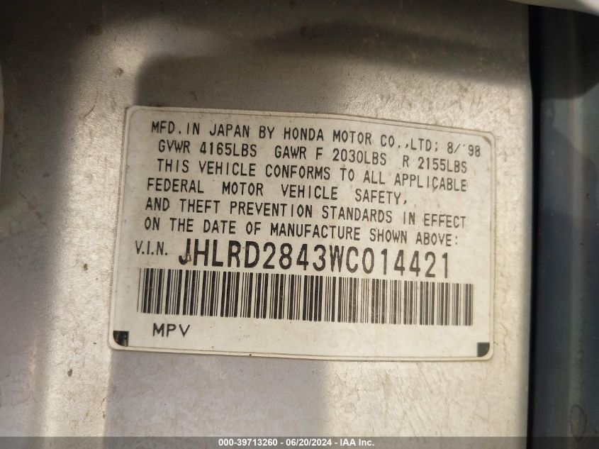 1998 Honda Cr-V Lx VIN: JHLRD2843WC014421 Lot: 39713260