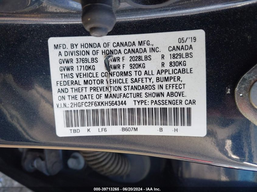 2HGFC2F6XKH564344 | 2019 HONDA CIVIC