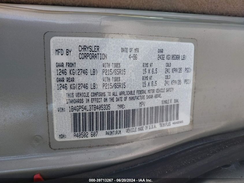 1996 Dodge Grand Caravan Le/Es VIN: 1B4GP54L3TB405335 Lot: 39713267