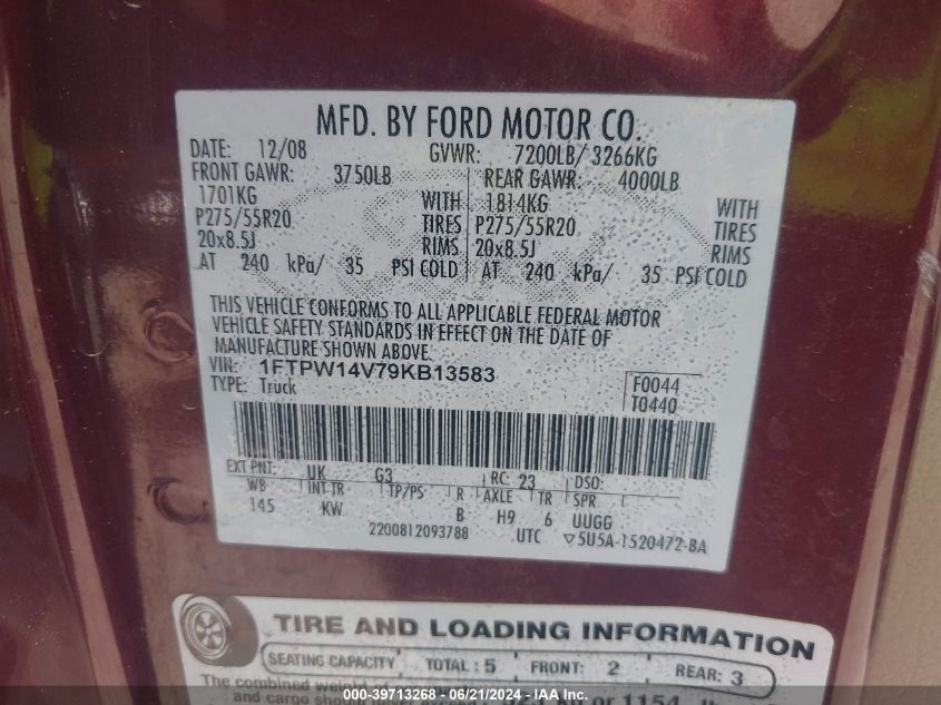 2009 Ford F150 Supercrew VIN: 1FTPW14V79KB13583 Lot: 39713268