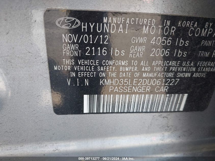 2013 Hyundai Elantra Gt VIN: KMHD35LE2DU061227 Lot: 39713277