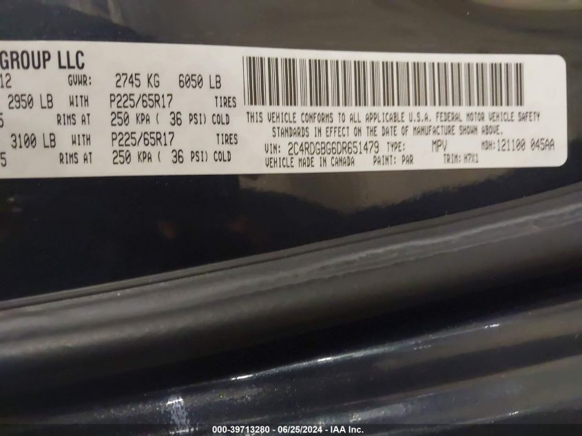 2013 Dodge Grand Caravan Se VIN: 2C4RDGBG6DR651479 Lot: 39713280