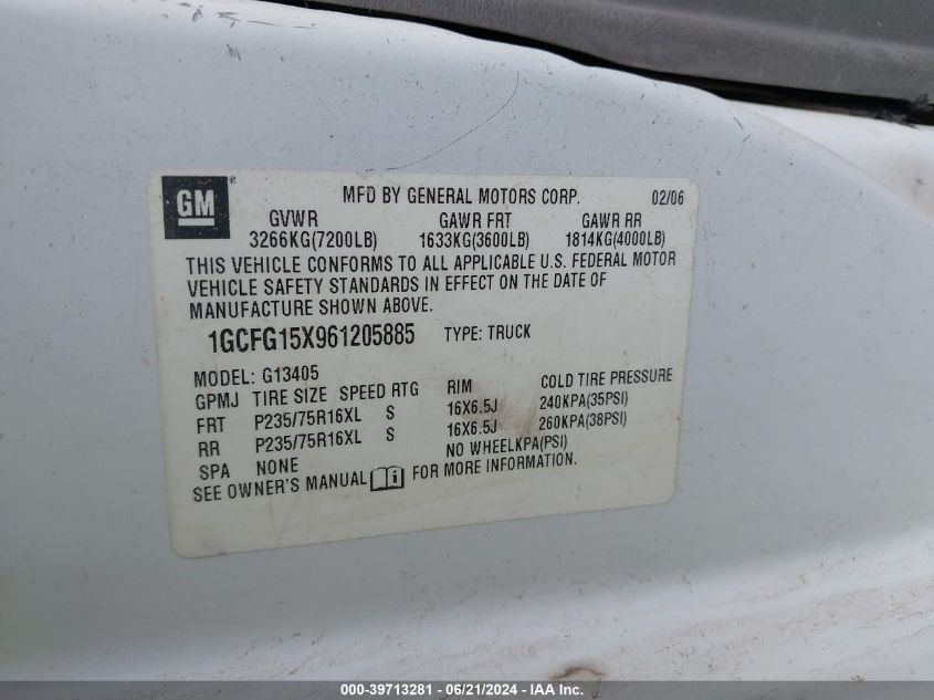 2006 Chevrolet Express Work Van VIN: 1GCFG15X961205885 Lot: 39713281