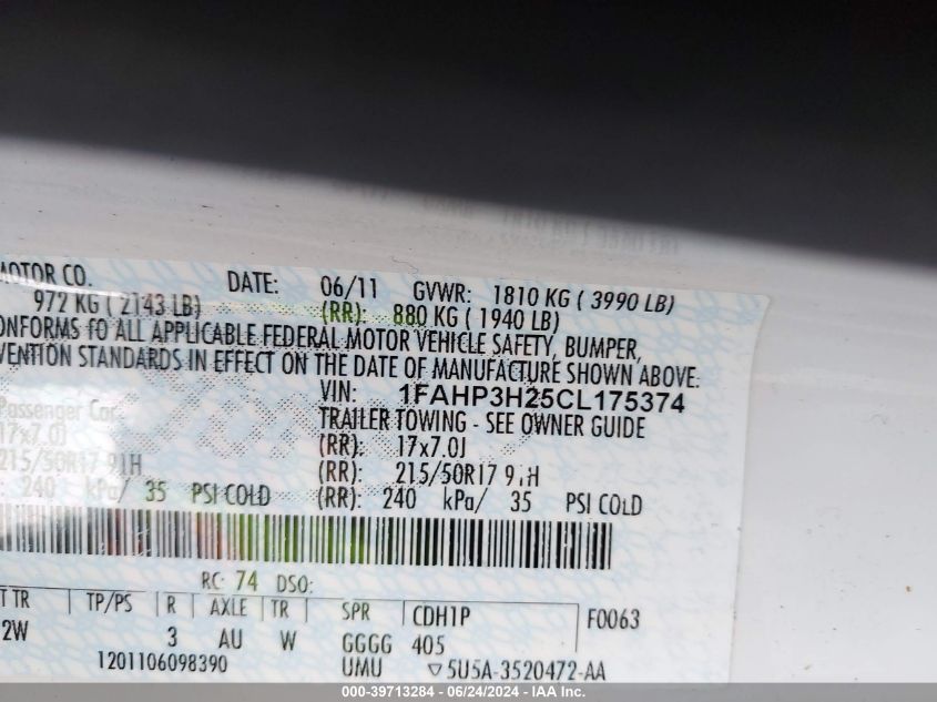 2012 Ford Focus Sel VIN: 1FAHP3H25CL175374 Lot: 39713284