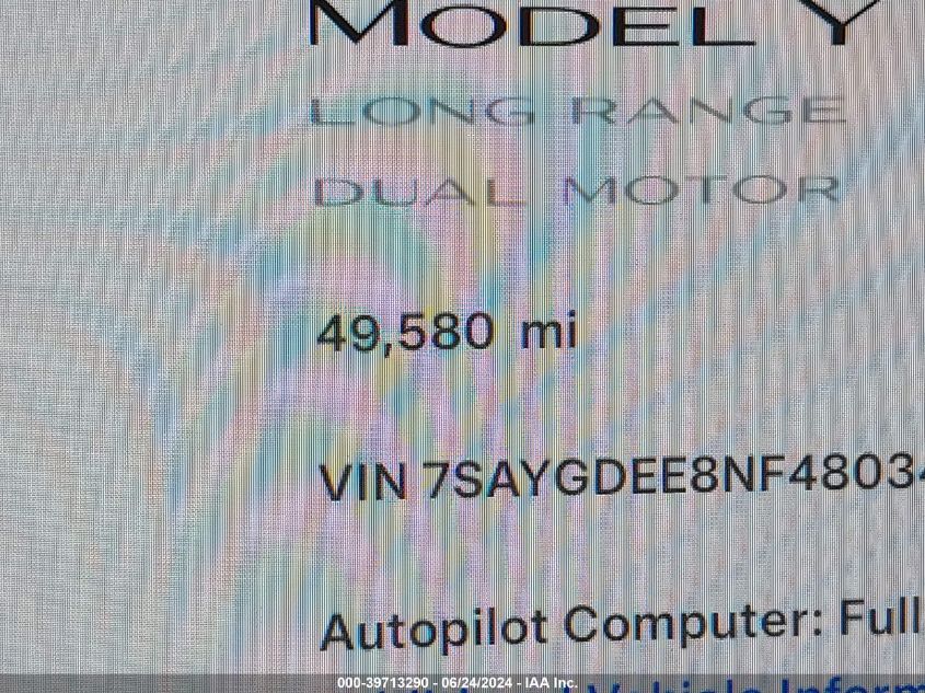 2022 Tesla Model Y Long Range Dual Motor All-Wheel Drive VIN: 7SAYGDEE8NF480343 Lot: 39713290