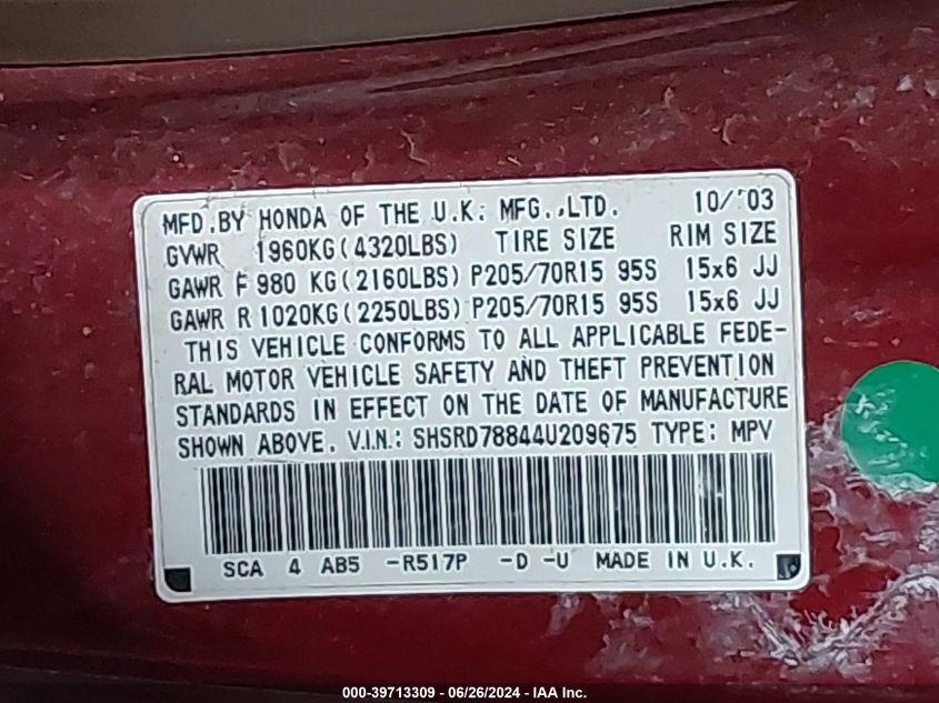 2004 Honda Cr-V Ex VIN: SHSRD78844U209675 Lot: 39713309