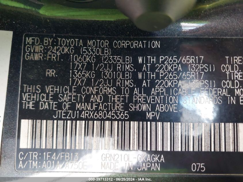 2006 Toyota 4Runner Sr5 Sport V6 VIN: JTEZU14RX68045365 Lot: 39713312