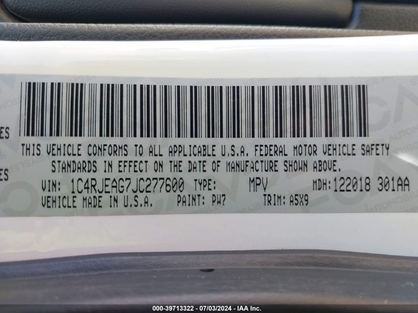 2018 Jeep Grand Cherokee Laredo 4X2 VIN: 1C4RJEAG7JC277600 Lot: 39713322