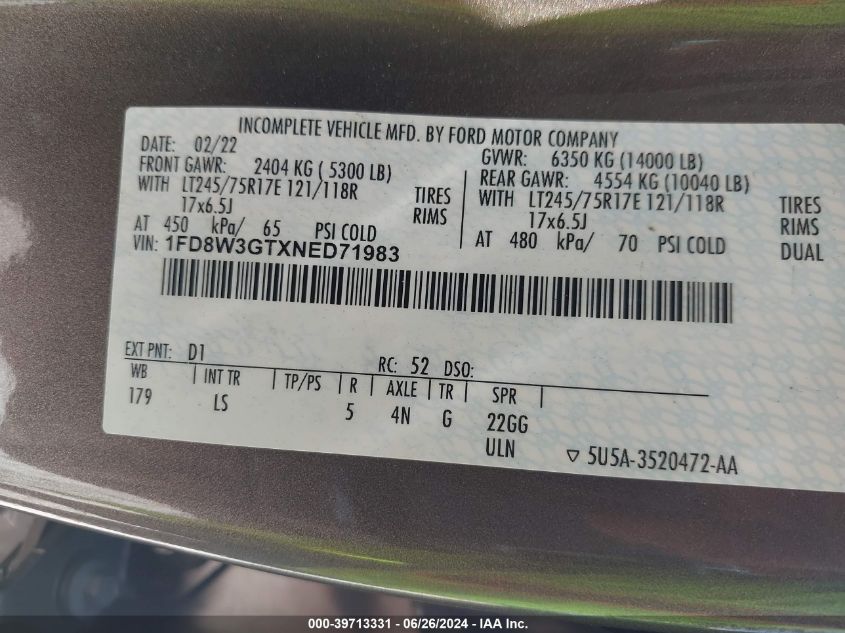 2022 Ford F350 Super Duty VIN: 1FD8W3GTXNED71983 Lot: 39713331