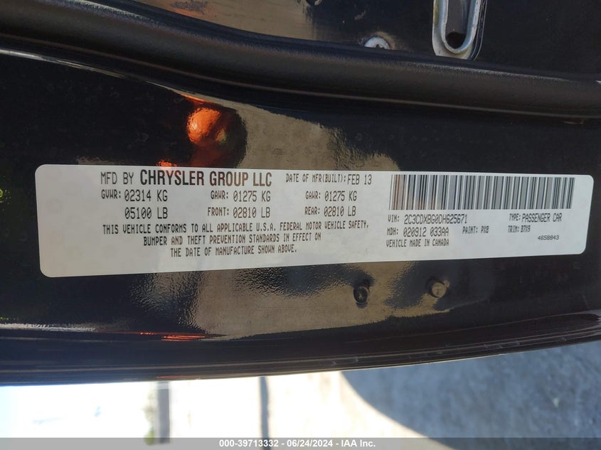 2013 Dodge Charger Se VIN: 2C3CDXBG0DH625671 Lot: 39713332