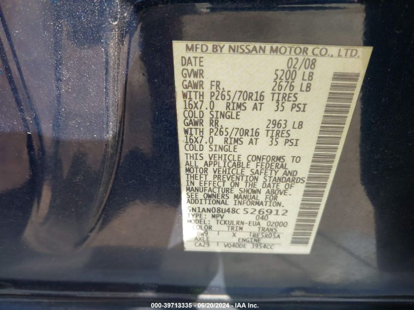 2008 Nissan Xterra S VIN: 5N1AN08U48C526912 Lot: 39713335