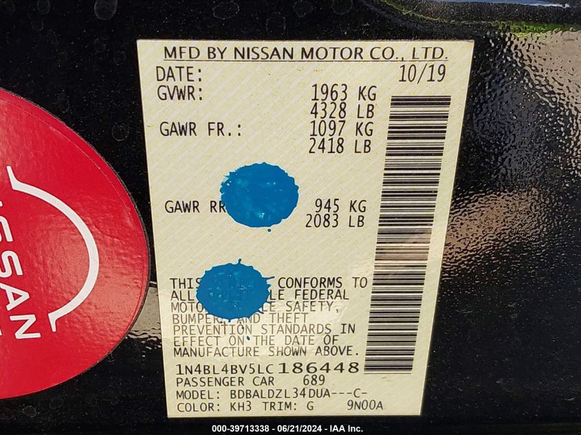 2020 Nissan Altima S Fwd VIN: 1N4BL4BV5LC186448 Lot: 39713338